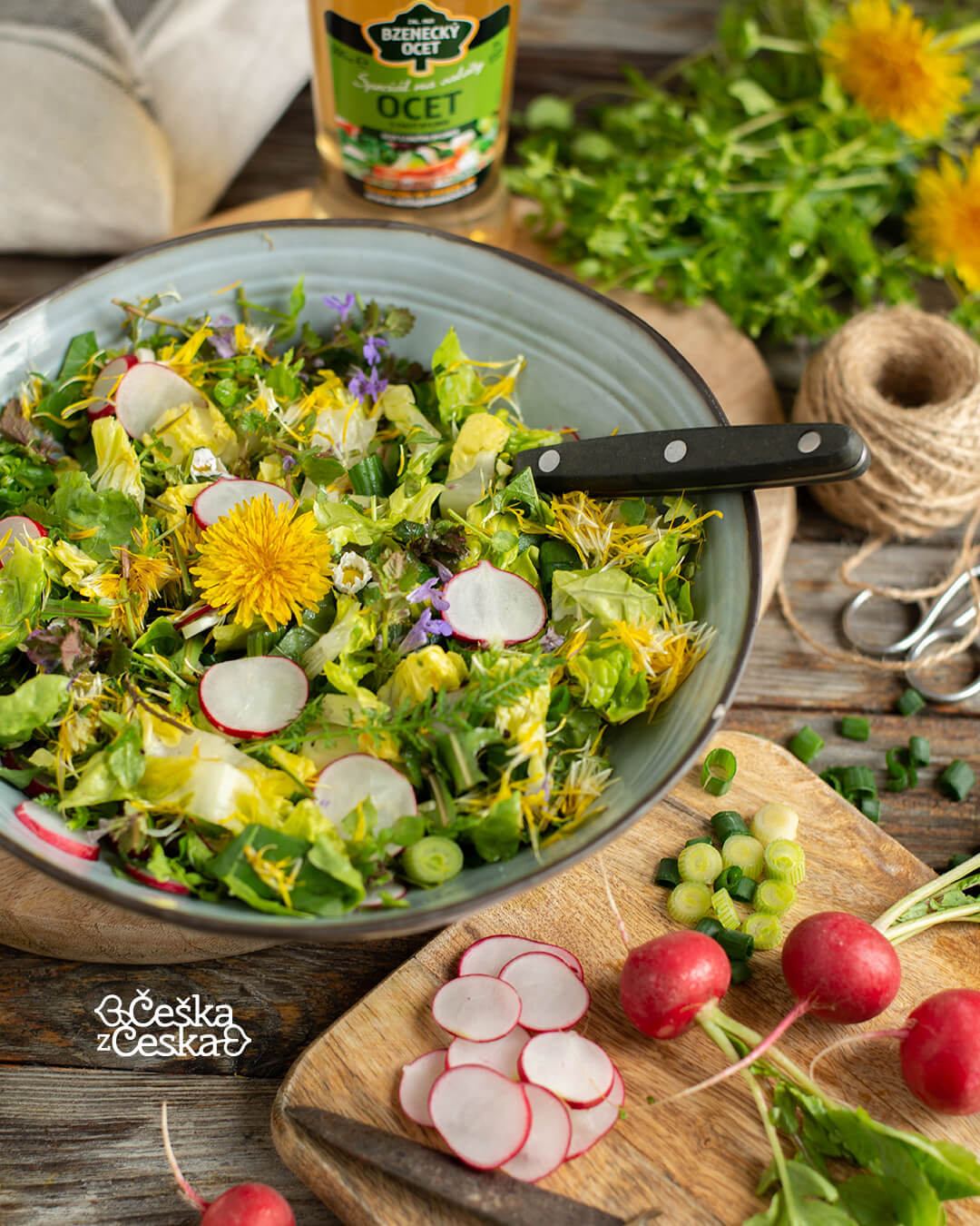 Bramborové smaženky (bramborové placky) na talíři, vedle mísa se salátem s bylinek a kolem poházené bylinky a ředkvičky.